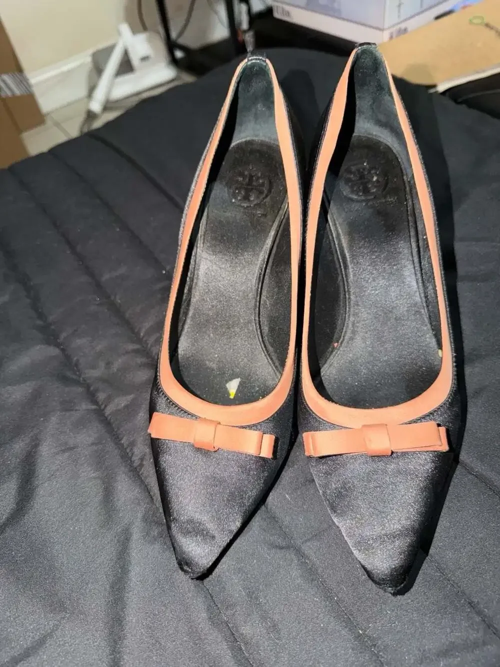 Tory Burch Black Satin Pointed Toe Pumps with Brown Trim and Bow Size 9.5M